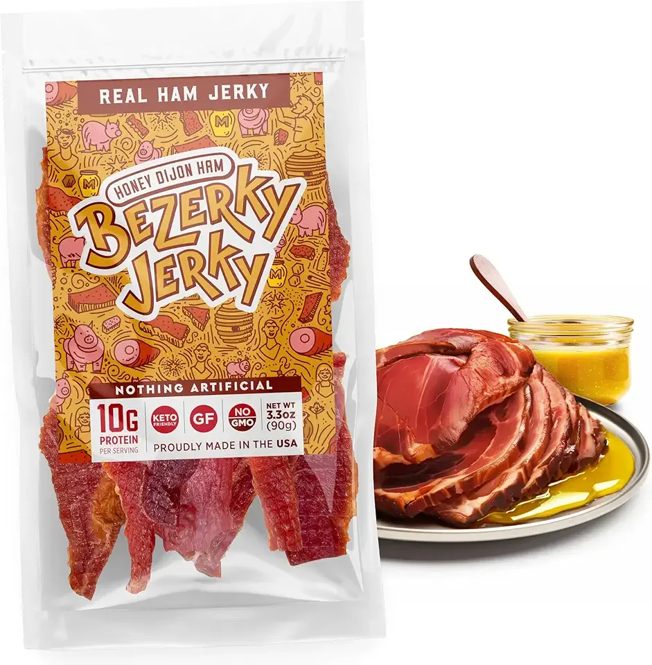 Premium Ham Jerky | Honey Dijon | Camping Food | Backpacking Snacks | Low Fat High Protein Ham Meat | Gluten-Free | Non-GMO | No Nitrates | Healthy American Bezerky Jerky | 1 Pack