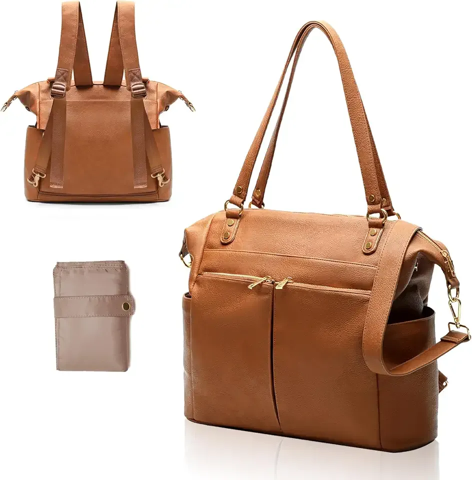 MOMINSIDE Diaper Bag Tote, 4 in 1 Leather Diaper Bag Backpack with 13 Pockets, Convertible Baby Bag for Boys Girls,Diaper Bags Baby Registry, Changing Pad, 4 Large Insulated Pockets(Brown)
