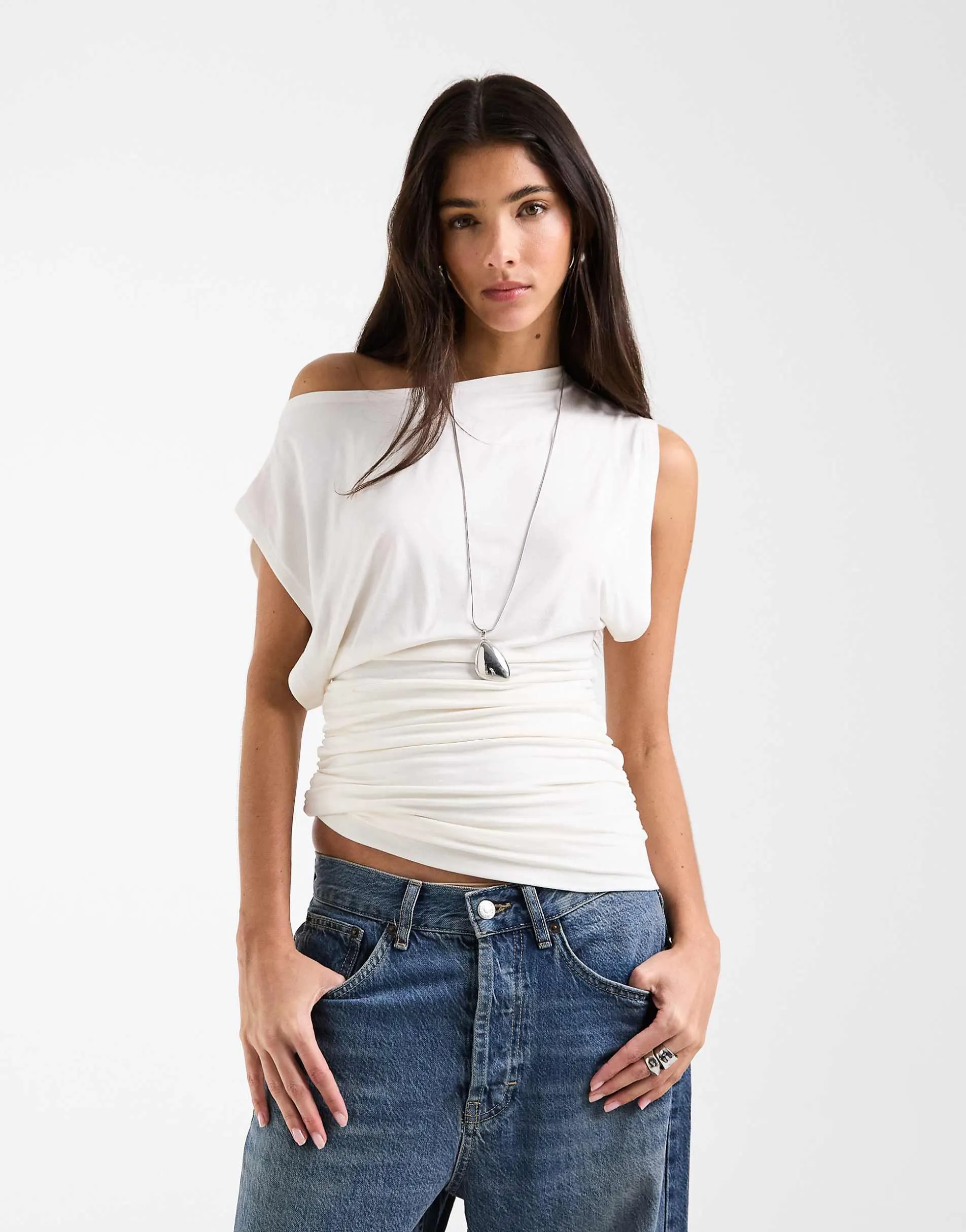 ASOS DESIGN slouch relaxed neck ruched waist tank top in white