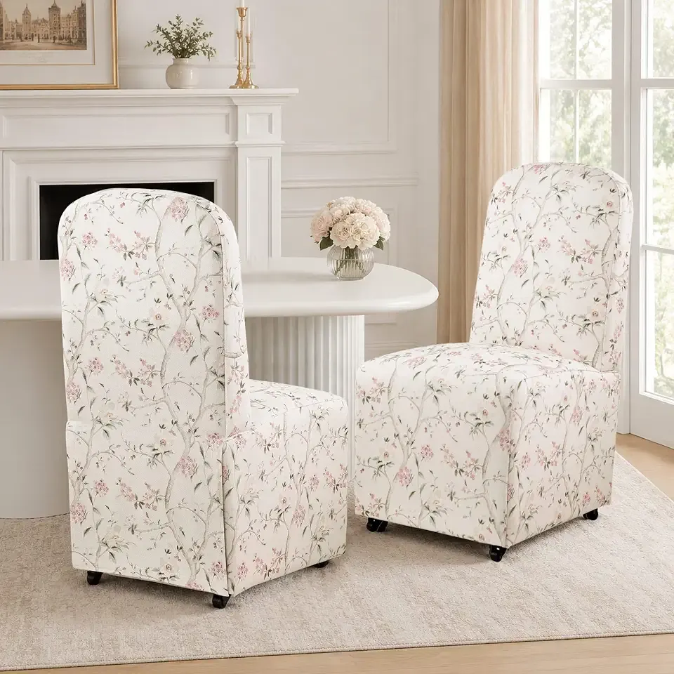 Floral Pattern Dining Chairs Set of 2 with Caster Wheeled Legs, Pink&&White