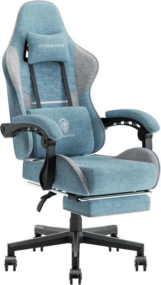 Dowinx Gaming Chair Fabric with Pocket Spring Cushion, Massage Game Chair Cloth with Headrest, Ergonomic Computer Chair with Footrest 290LBS, Blue and Grey