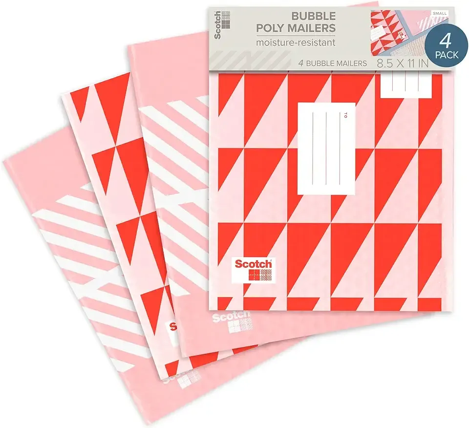 Scotch Designer Poly Bubble Mailer, Small Size 2, 8.5 IN x 11 IN, 4-pack, Red Designs Vary