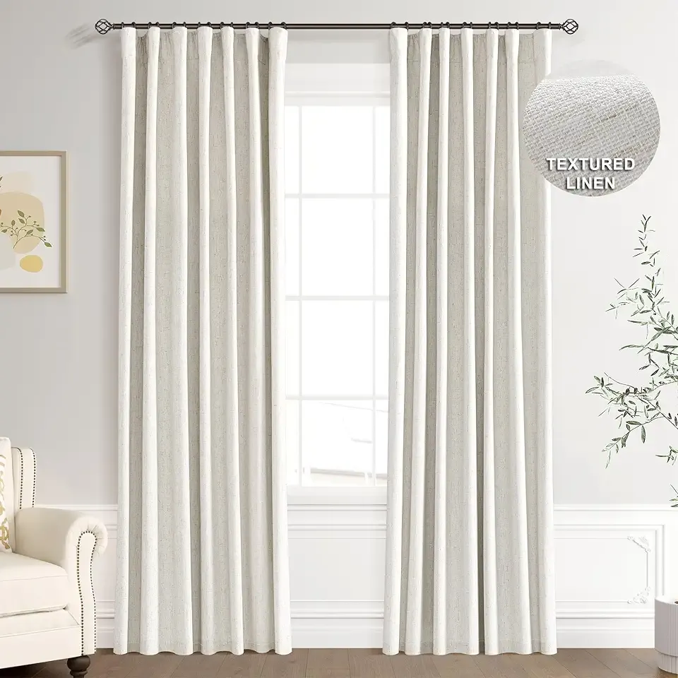 Cream Linen 100% Blackout Curtains 84 Inch Long, Rod Pocket/Back Tab/Hook Belt/Clip Rings,Thermal Insulated Drapes for Bedroom Living Room Ivory with Hooks(2 Panels,52 x 84,Natural Beige)