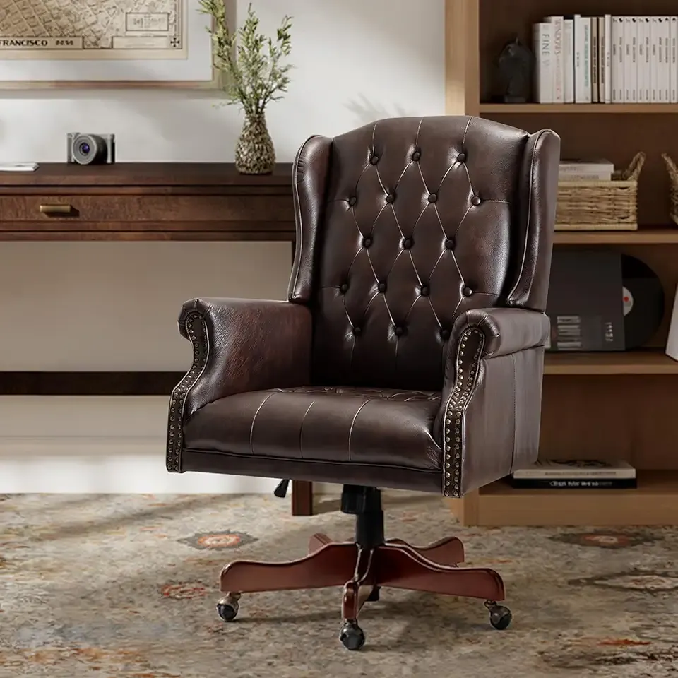 HULALA HOME Tufted PU Leather Office Chair with Wingback and Nailhead Trim, Adjustable Swivel Desk Chair with Rolled Armrests and Casters, Vintage Style(Brown)