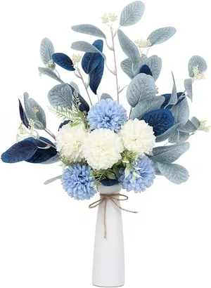 (Jarrón no incluido, blanco y azul) Decoraciones de flores artificiales, ramos artificiales, jarrones, crisantemos, decoración del hogar.