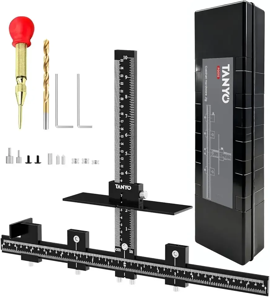 TANYO Cabinet Hardware Jig, Aluminum Cabinet Handle Jig with Center Punch, Accuracy Cabinet Template Tool for Handles Pulls Door Drawer Installation, Woodworking Tools for Professional Carpenters