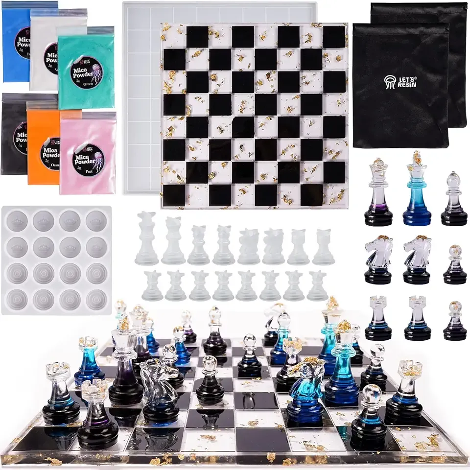 LET'S RESIN Chess Molds for Resin Casting, Upgraded Resin Chess Set Mold with 16 Piece 3D Full Size Chess Checkers & Chess Board Epoxy Silicone Resin Molds, DIY Chess Board Game, Christmas Gifts