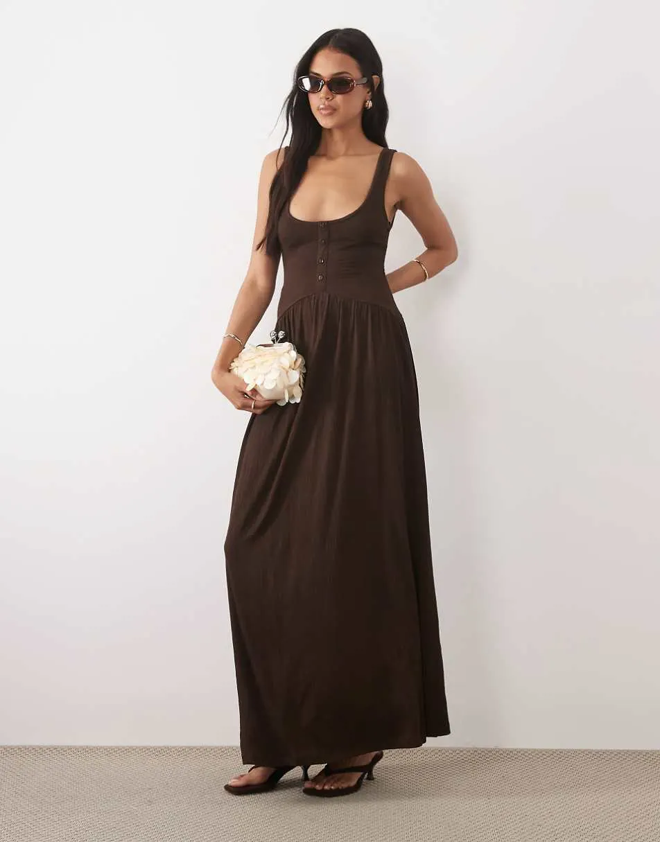ASOS DESIGN crinkle button through midi dress in chocolate