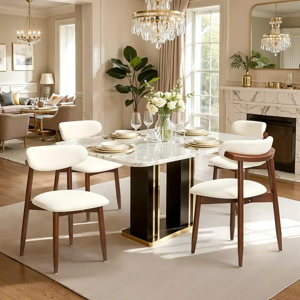 CHUN YI Dining Chairs Set of 4, Upholstered Wooden Dining Room Chairs, Mid Century Modern Fabric Kitchen Chair with Ergonomic Curved Backrest, Beige (Only Chairs)