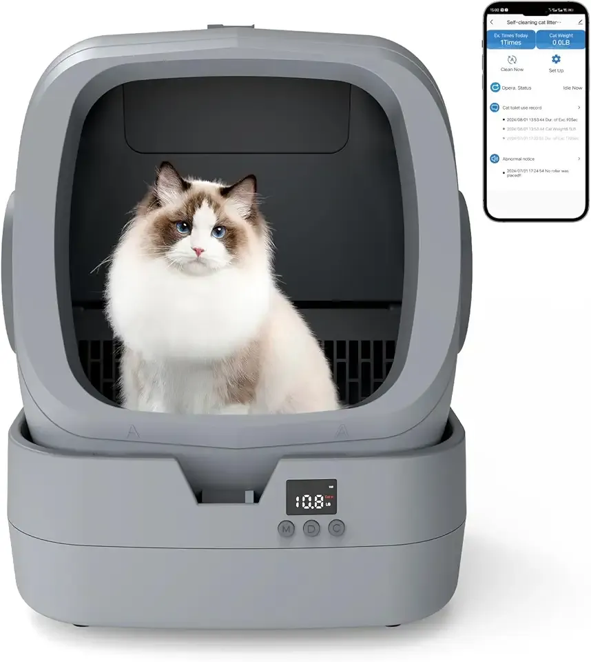Automatic Cat Litter Box Self Cleaning - APP Control - Weight Monitoring - Ultra-Quiet, Medium Cats and Kittens Litter Box, Safe Anti-Pinch【Assembly Required】- Grey