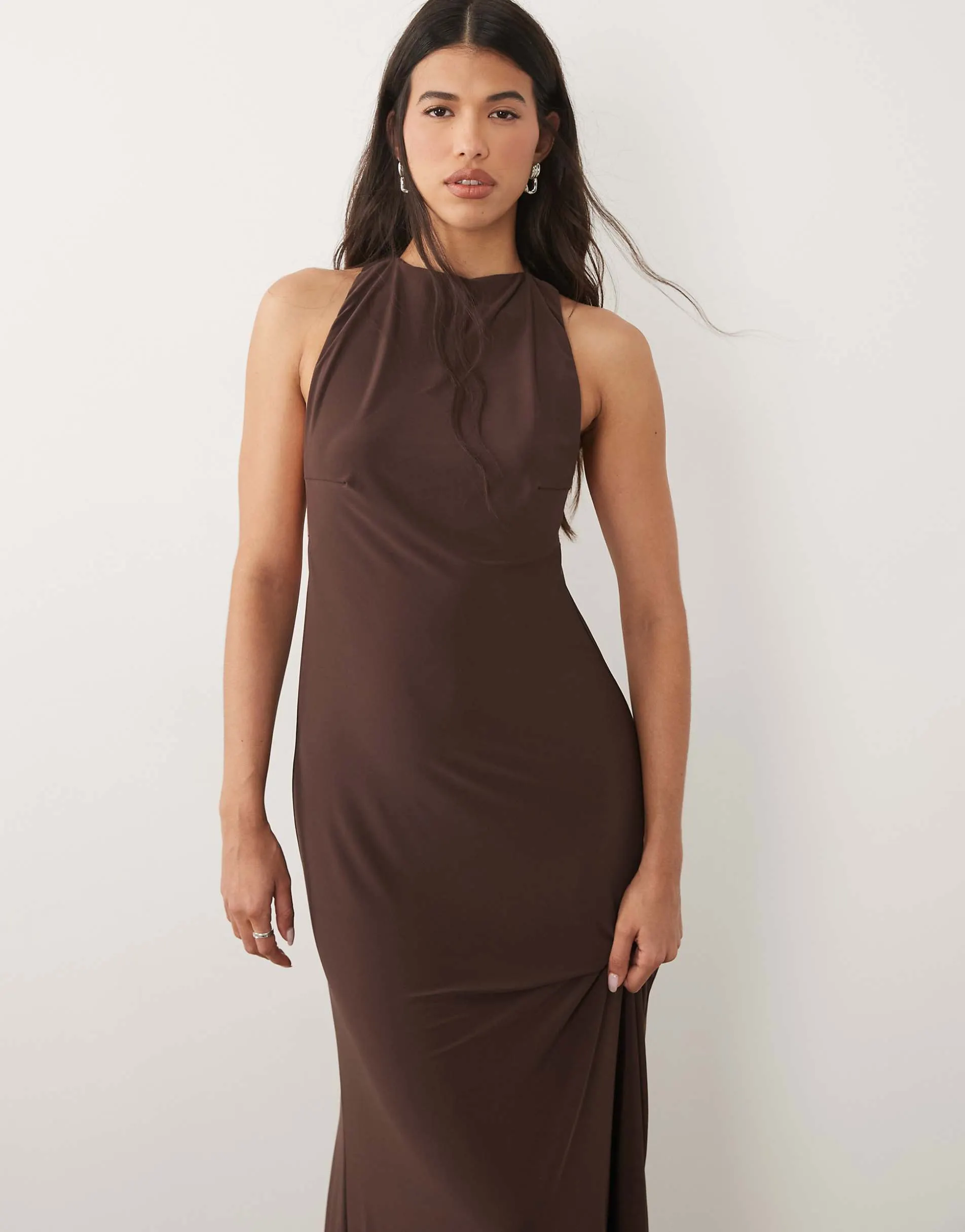 ASOS DESIGN sculpting high neck maxi dress with open back and trim detail in chocolate