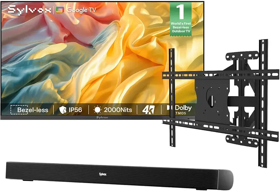 SYLVOX Outdoor TV with Wall Mount & Soundbar, 65" Full Sun TV 2000 Nits, Ultra-Narrow Bezel, 4K Smart Television, IP56 Waterproof, Dual Speakers, for Poolside, Yard, Business (Frameless Pro Series)