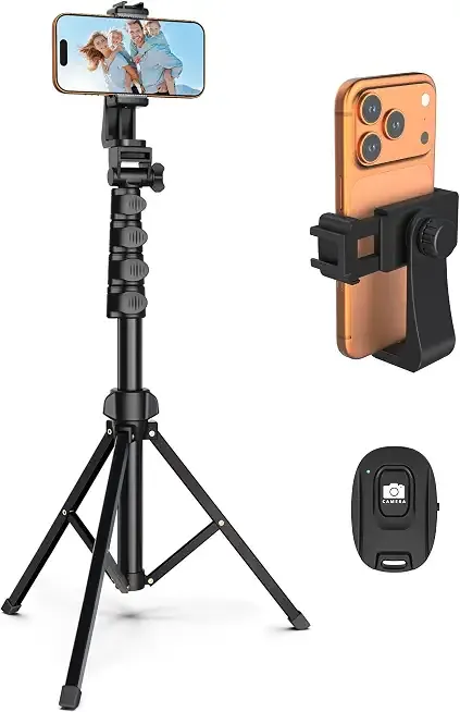 64” Tripod for Cell Phone & Camera with Remote and Phone Holder | Sturdy & Stable Height Adjustable Multi-Angle Shot Selfie Stick Tripod for Video Recording