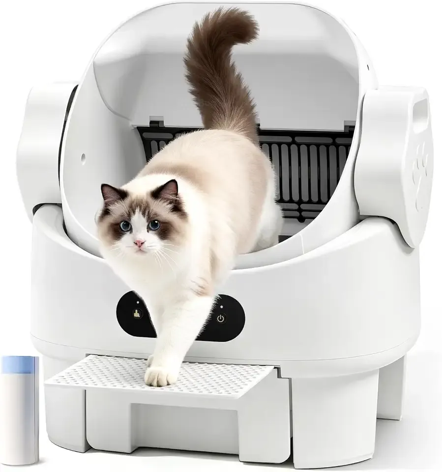 XL Automatic Self Cleaning Open Top Cat Litter Box, White | Multi-Sensor Safety, Ultra-Quiet, Easy Setup, Large Waste Bin, Easy to Clean, for Multi-Cat Homes