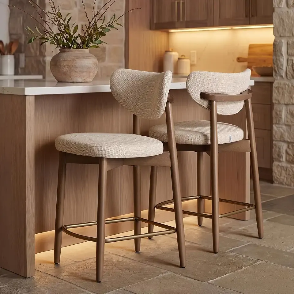 VASAGLE Wooden Bar Stools Set of 2, Upholstered Counter Height Barstools with Solid Wood Legs, Ergonomic Backrest, Mid Century Modern, for Kitchen Island, Linen-Look Fabric, Cappuccino Beige