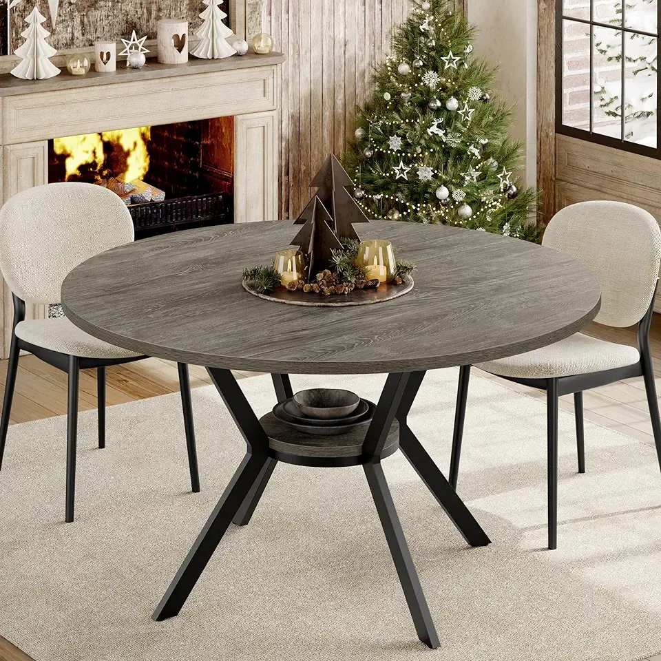 Round Dinner Table for 2-4, 42 Inch Kitchen & Dining Room Table with Storage, Wooden Circle Dining Table, Mid Century Modern Dining Table with Metal Legs for Kitchen, Living Room, Dining Room, Grey
