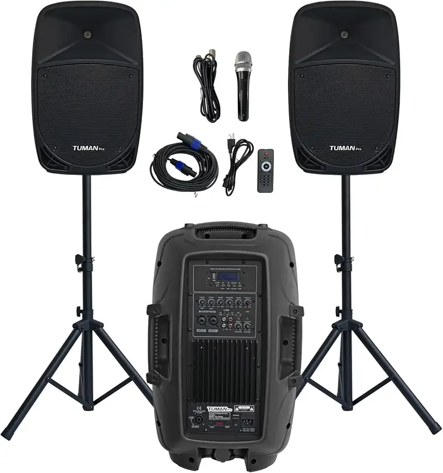 12inch PA Speaker System, 1000W High Powered Bluetooth Compatible Active + Passive Pair Outdoor Sound Speakers, Outdoor Karaoke Machine,FM Radio, Remote Control, 2 Speaker Stand, Supports SD Card/USB