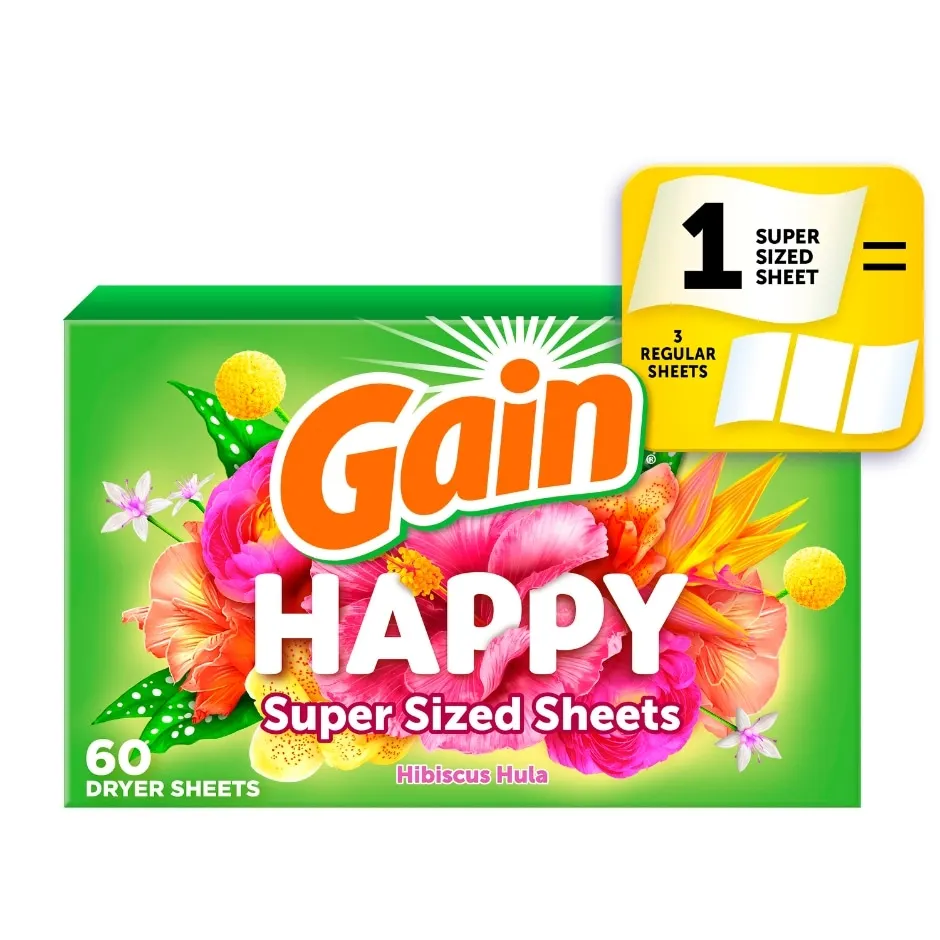 Gain Super Sized Dryer Sheets, Laundry Fabric Softener, Happy, 60 Count
