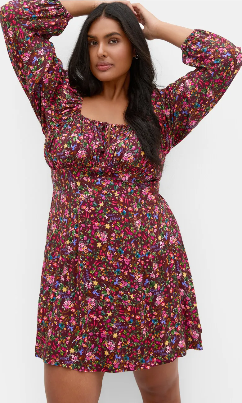 Aire Ditsy Print Long Sleeve Mini Dress - choc cherry