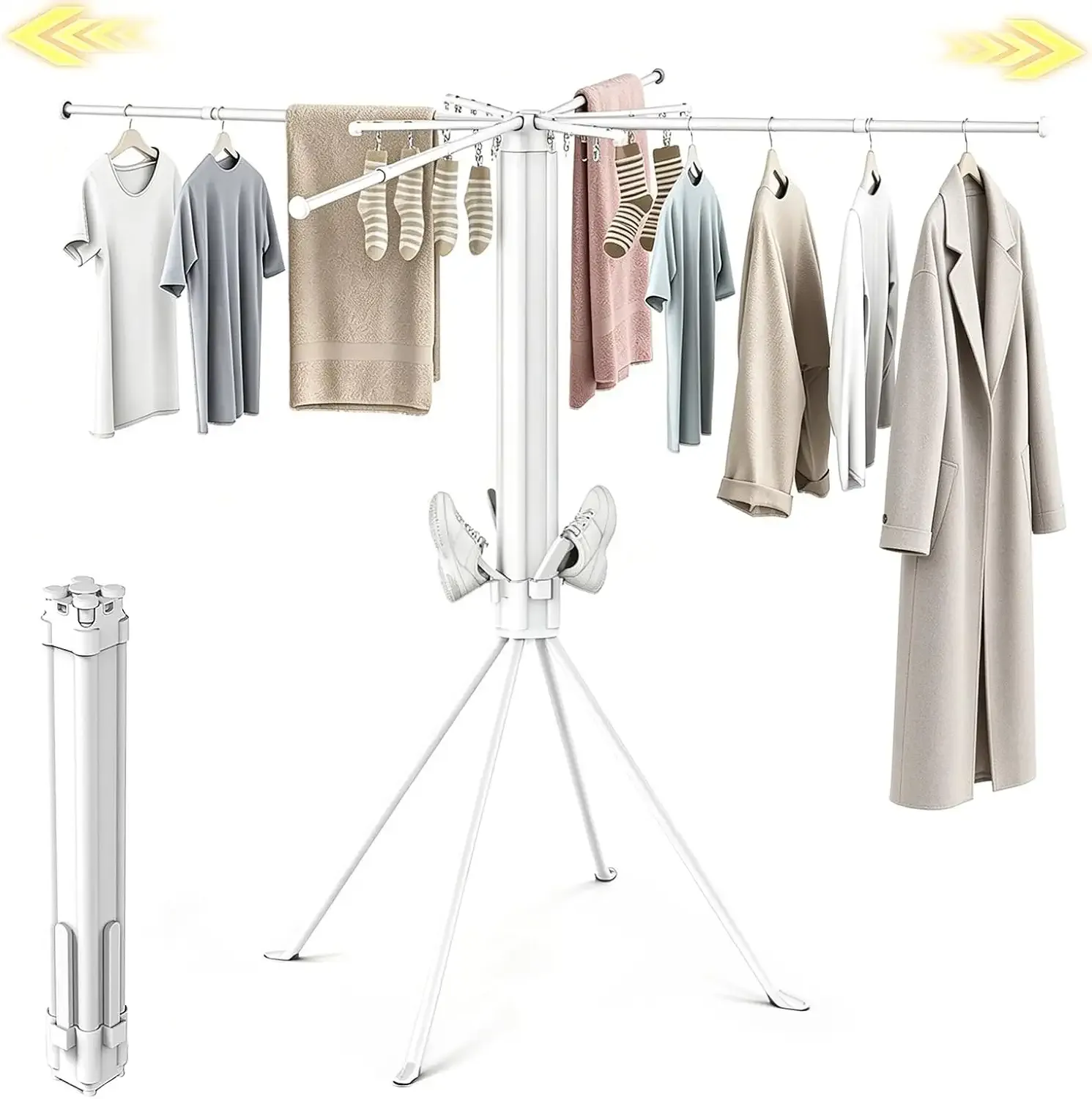 Clothes Drying Rack Foldable, 4-Leg Base, 16 Clips, 4 Shoe Holders | Holds Up To 88 lbs, Rust-Resistant, Quick Fold, Fits 90°/180°/270° Corners, Independently Extendable Rods