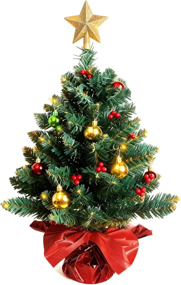 24 Inch Tabletop Christmas Tree, Artificial Mini Xmas Pine Tree with LED String Lights and Ornaments,Christmas Decoration Tree Decor-Red
