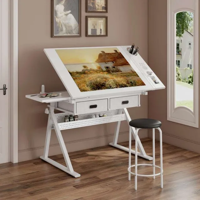 Mesa de dibujo ajustable blanca con 2 cajones y taburete, escritorio de arquitecto en MDF y metal para hogar, oficina, escuela, artista