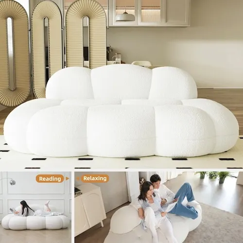 Magic Home 90 in. Armless Lamb Fleece Fabric Modern Cloud Shaped Couch Curved Leisure Sofa for Bedroom, Apartment in. White