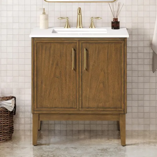 OVE Decors Kira 30 in. Single Sink Freestanding Warm Walnut Bath Vanity with White Engineered Stone Top and Brushed Gold Hardware