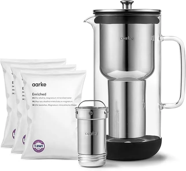 Aarke Purifier Regular 1.18L Glass Pitcher Bundle w/Steel Filter, BPA-Free, 3 Enriched + 1 Pure Granules - Filters & Adds Minerals