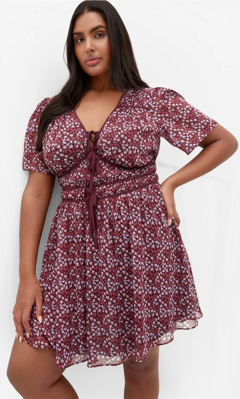 Cara Ditsy Print Mini Dress - berry