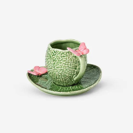 Green leaf mug with saucer and butterfly - 250 ml