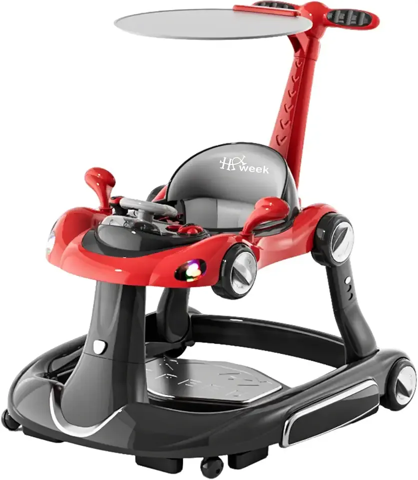 Baby Walker with Wheels, 7-in-1 Foldable Baby Walkers for Boys Girls 6-12 Months with Feeding Tray & Music, Lights,Rocker,Sun Canopy, Bouncing Pedal, Adjustable Wheel Speed, Push Walker (Red)