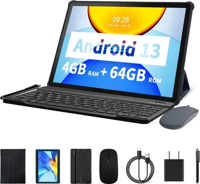 PRITOM Tablet 10" Android 13, 4 GB (2+2 virtuell) RAM, 64 GB ROM, Quad Core, WLAN, Bluetooth, Schwarz – mit kabelloser Tastatur, Maus und Lederhülle