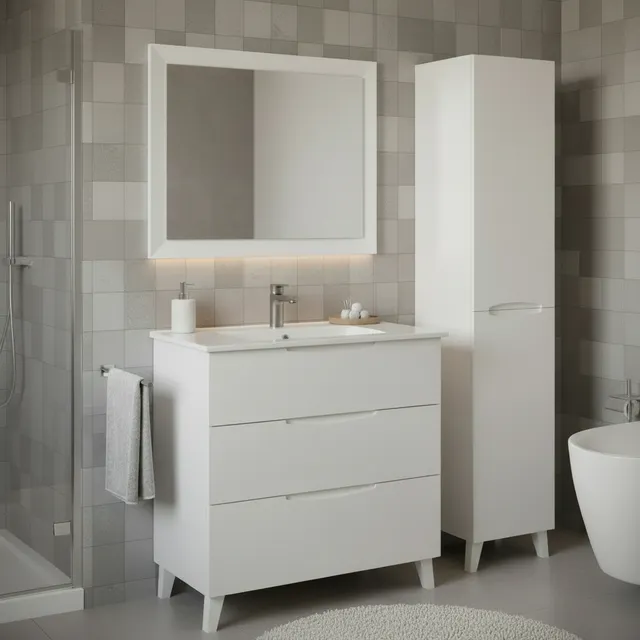 Mueble de baño con lavabo y columna Asimétrico Blanco Brillo 80x45 cm con 3 cajones