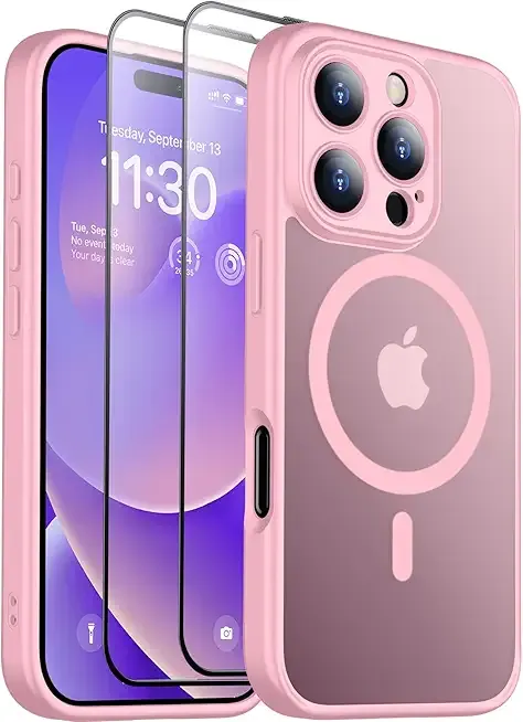 SPIDERCASE Magnetic for iPhone 16 Pro Max Case,Translucent Matte with 2PCS Tempered Glass Screen Protector [Upgraded Full Camera Protection] Anti-Scratch Slim Phone Case Slim Phone Case,Pink