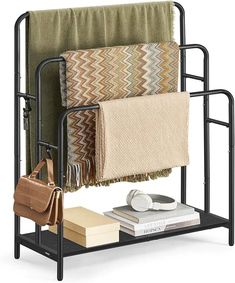 Freestanding Towel Rack, 3-Tier Blanket Holder with Storage Shelf, 27.6 x 11.8 x 39.4 Inches, 2 Hooks, for Bath Towels, Ink Black and Ebony Black ULLS019B01