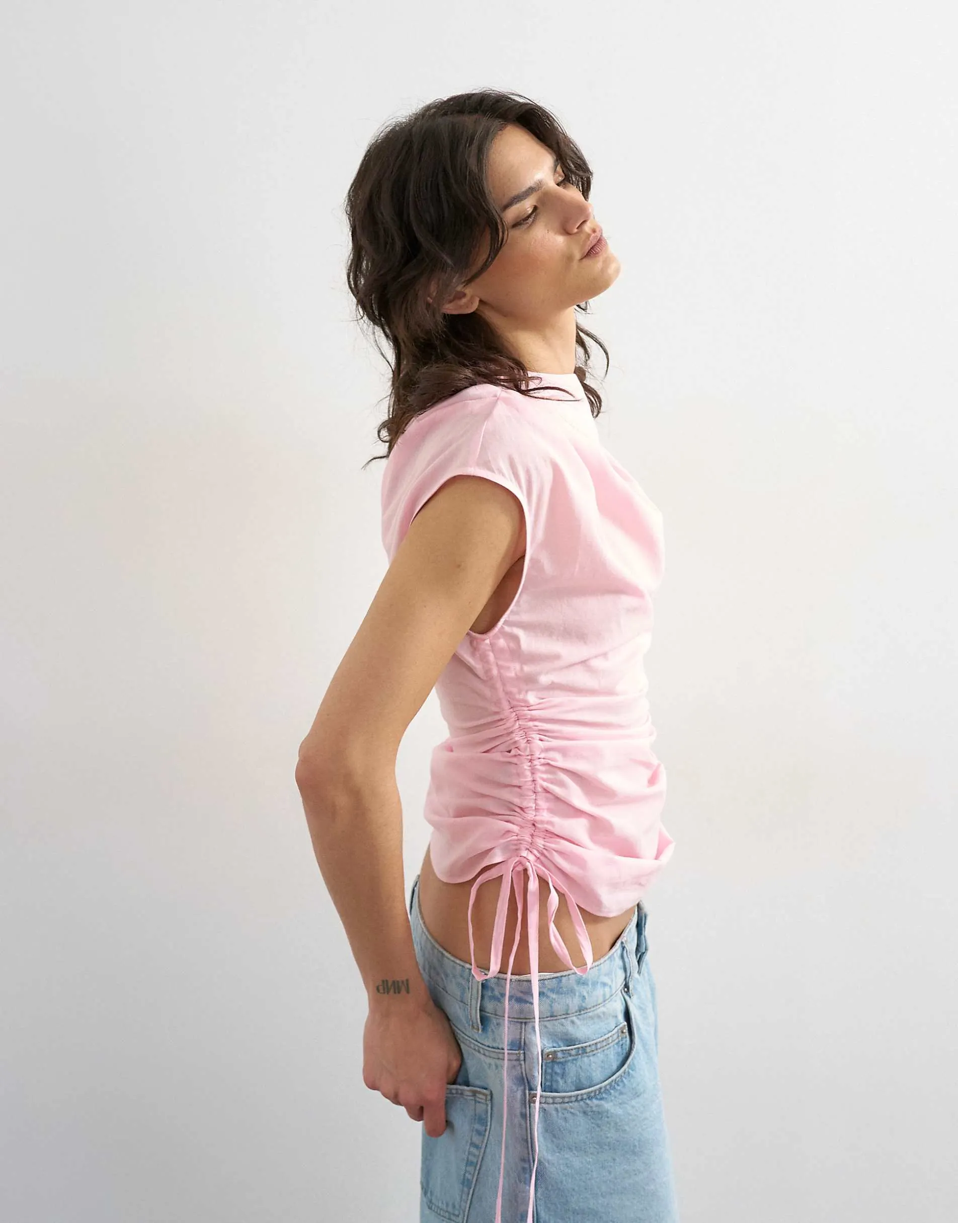 Topshop ruched side cap sleeve top in pink