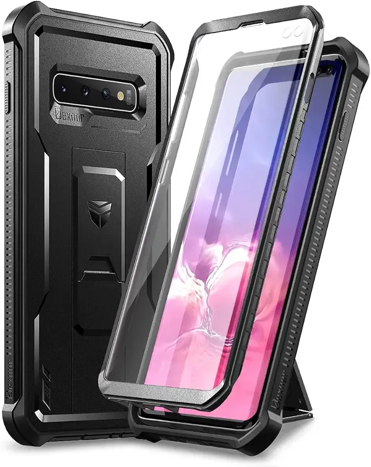 Dexnor for Samsung Galaxy S10+ Plus Case, [Built in Screen Protector and Kickstand] Heavy Duty Military Grade Protection Shockproof Protective Cover for Samsung Galaxy S10 Plus Black