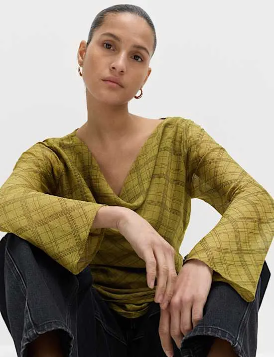 Checked Cowl Neck Top
