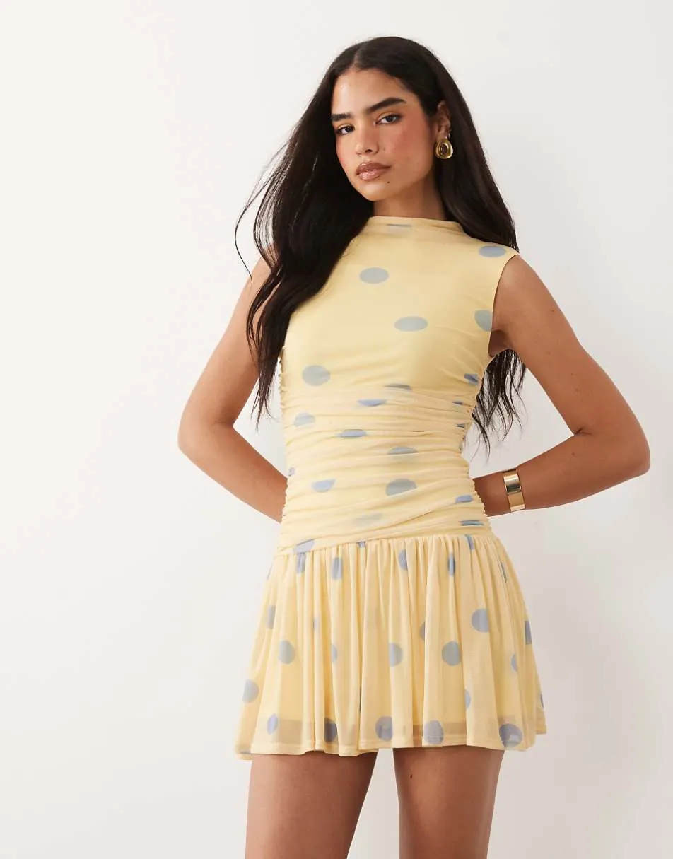ASOS DESIGN printed polka dot ruched drop waist circle mini dress with grown in neck in lemon and blue