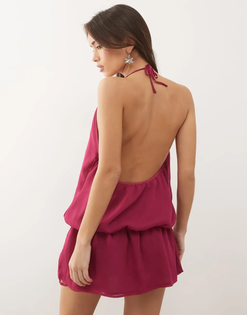 Motel Veloria high neck halter drop waist dress in dark rose
