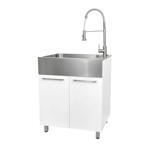 W28 in. X D22 in. X H33.8 in. Extra Large Stainless Steel Utility Sink with Pull-down Faucet and Storage Cabinet in White