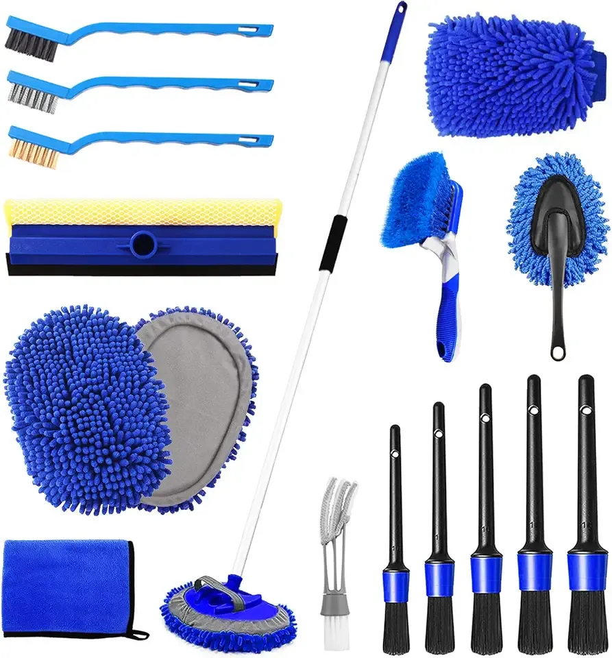 NIKCOSMK 62'' Car Wash Brush Kit - Mitt, Mop, Sponge & Long Handle, Scratch-Free Chenille Replacement Head, Wheel Tire Brush, Car Detailing Kit for Cars, RV, Truck