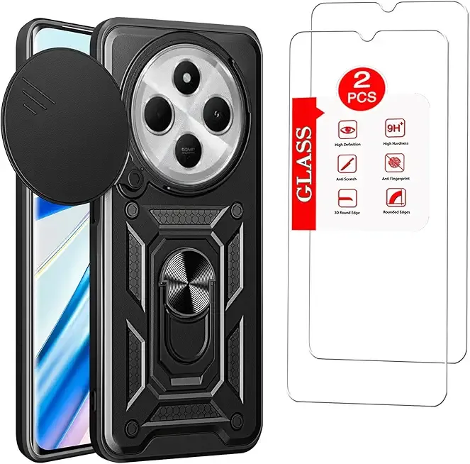 for Xiaomi Redmi 14C Case with [2 Pack] Tempered Glass Screen Protector, for Redmi 14C [Military-Grade] Protective，with Lens Protects Magnetic Kickstand Car Mount Holder Case
