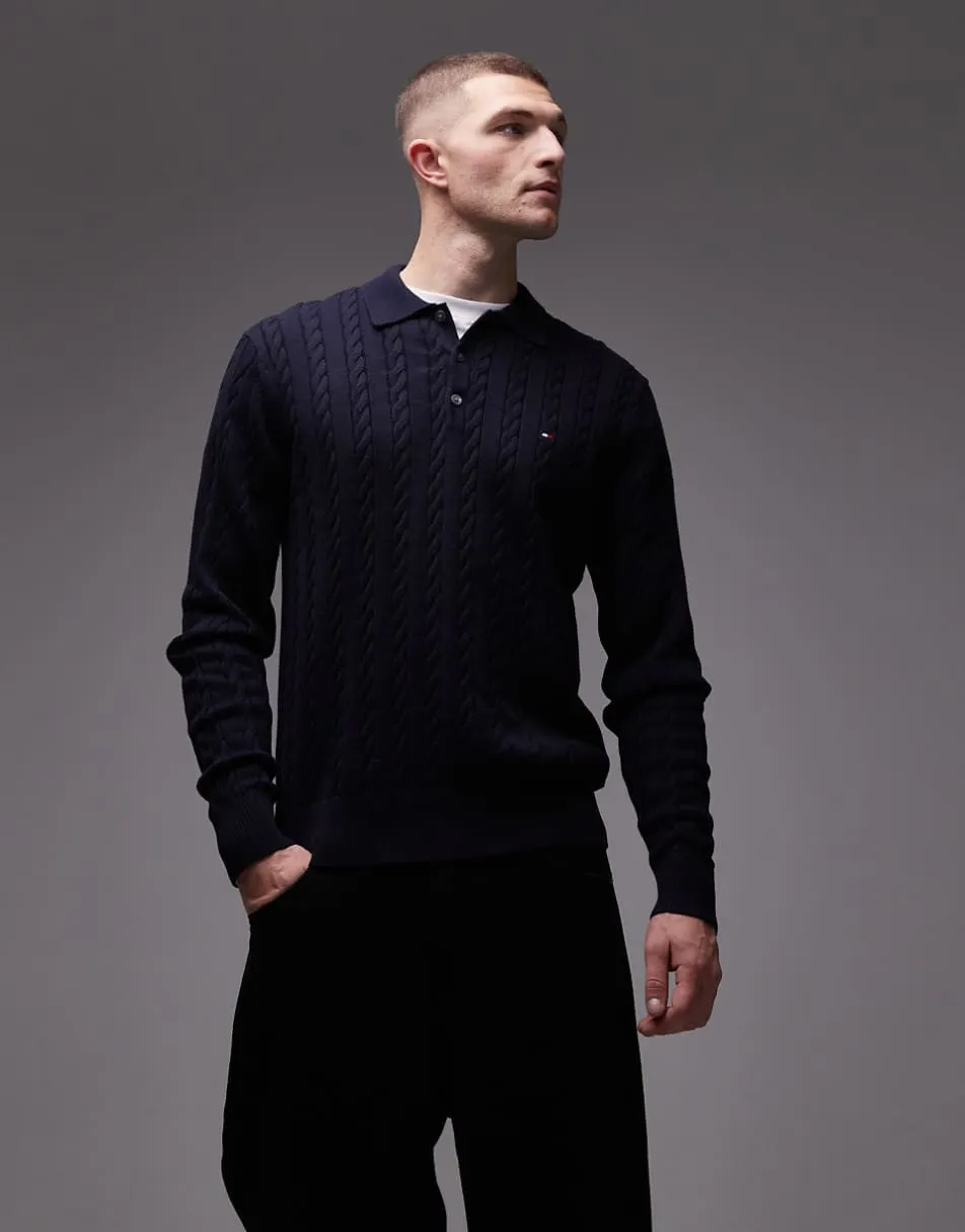 Tommy Hilfiger cable knit long sleeve polo in navy