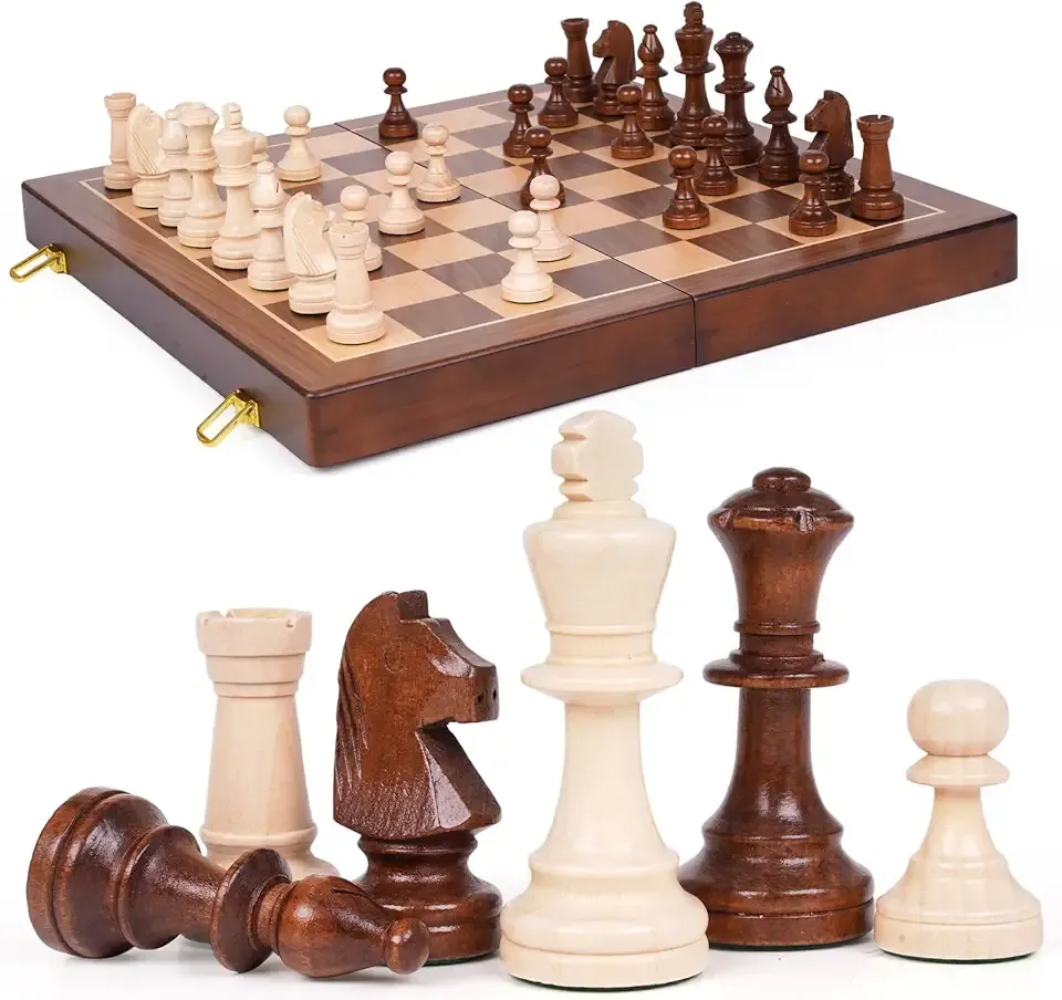 Large 17-Inch Wooden Chess Set – Folding Chess Board with Solid Wood Pieces, Oversized 3.5” King, Two Extra Queens, Premium Gift Chess Set for Adults Classic Strategy Game