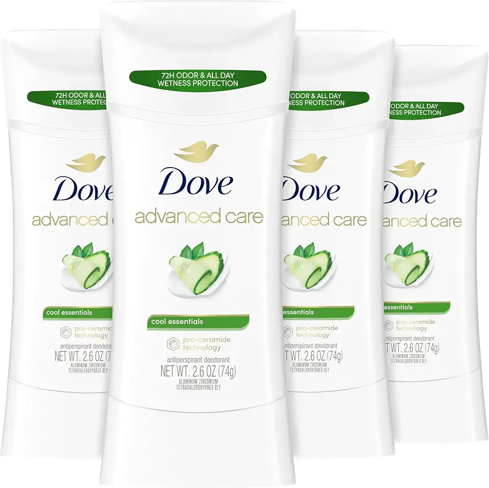 Dove Advanced Care Antiperspirant Deodorant Stick Cool Essentials 4 ct for helping your skin barrier repair after shaving 72 hour odor control and sweat protection with Pro Ceramide Technology 2.6 oz