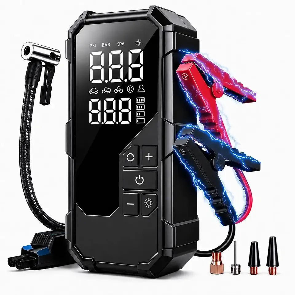 8000A Jump Starter with Air Compressor, 150 PSI Portable Tire Inflator | Car Battery 12V Jump Box(All Gas/3L Diesel), Air Pump Auto-Shut off with 8000MAH Power Bank, LCD Display, Jumper Cables