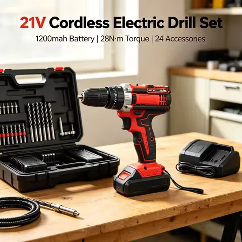 Cordless Electric Drill Set 21V Power Drill with 1200mAh Battery & 24 Accessories, Variable Speed 0-1800RPM, 28N·m Torque, LED Light for Home DIY Woodworking