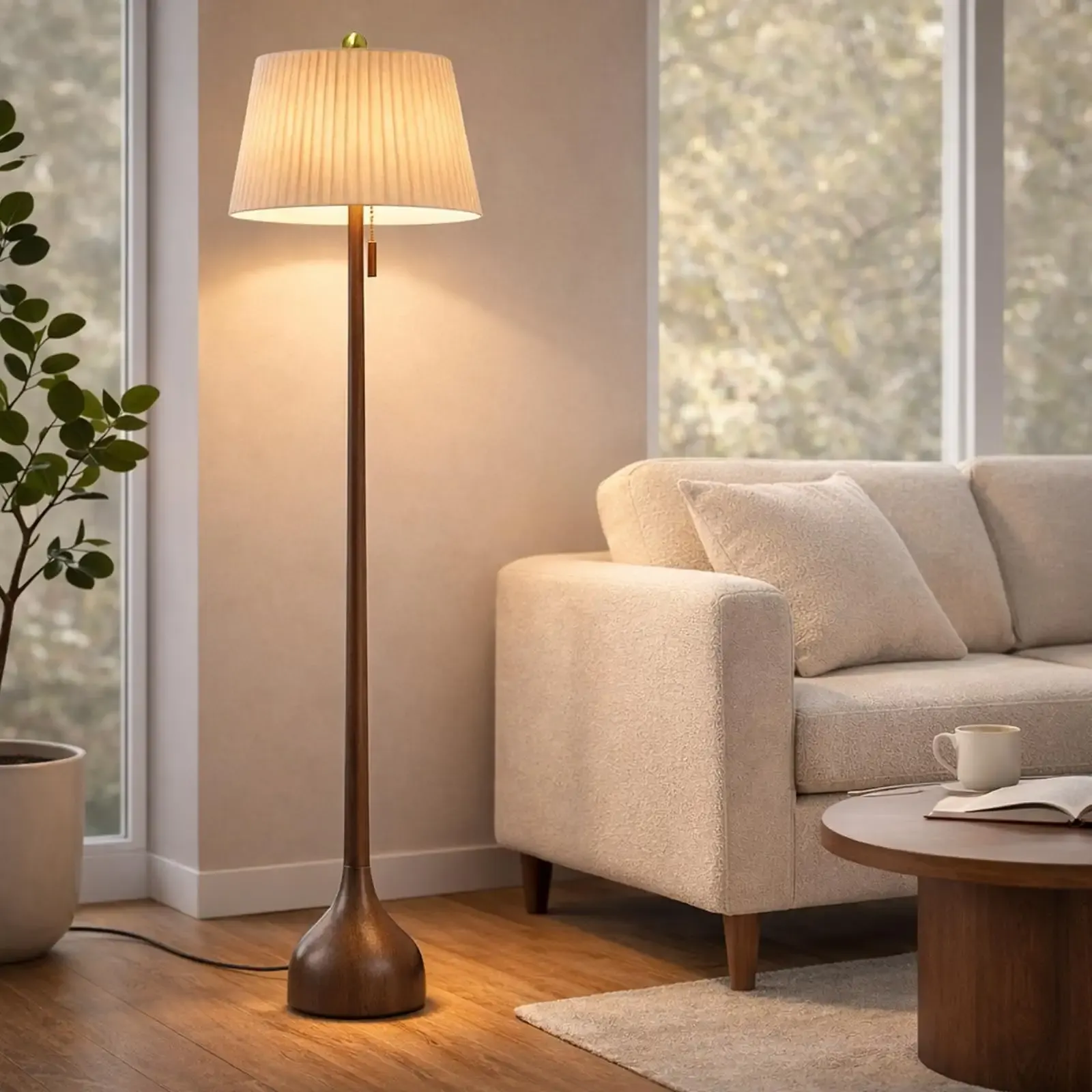 MOFFE Mid Century Modern Real Wood Floor Lamp with 2 Shades for Two Looks | 65" Tall,Sculptural Teardrop Base,Wooden Pull Chain,Vintage Standing Lamp,Linen Shades,Living Room,Bedroom, Bulb Included